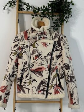 Zara Abstract Ecru Printed Double-Faced Faux Shearling Aviator Moto Jacket S